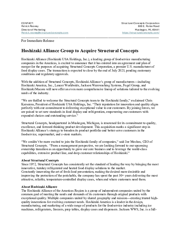 Hoshizaki Alliance Group to Acquire Structural Concepts