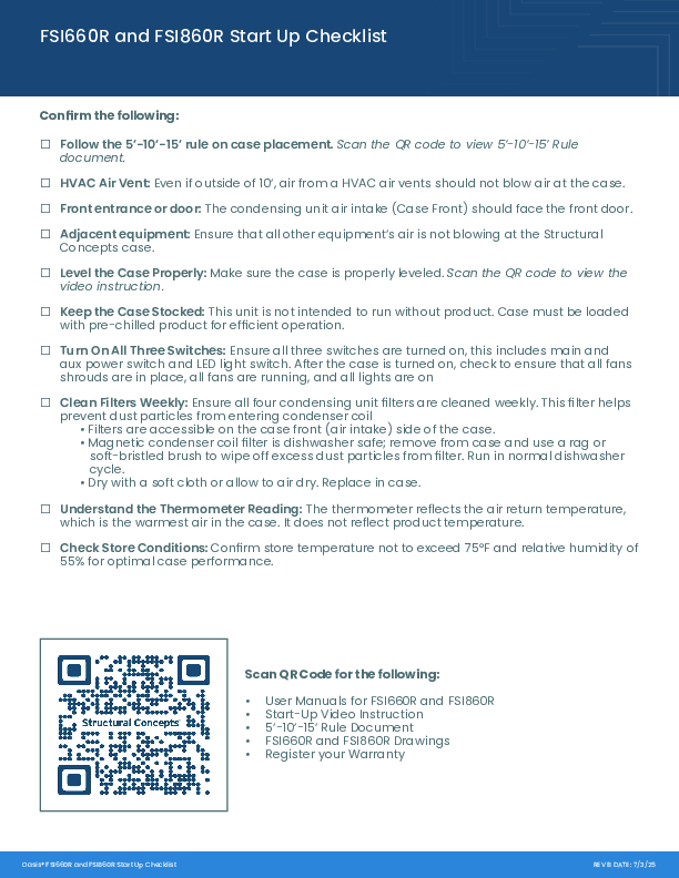 Oasis FSI660R and FSI860R Start Up Checklist
